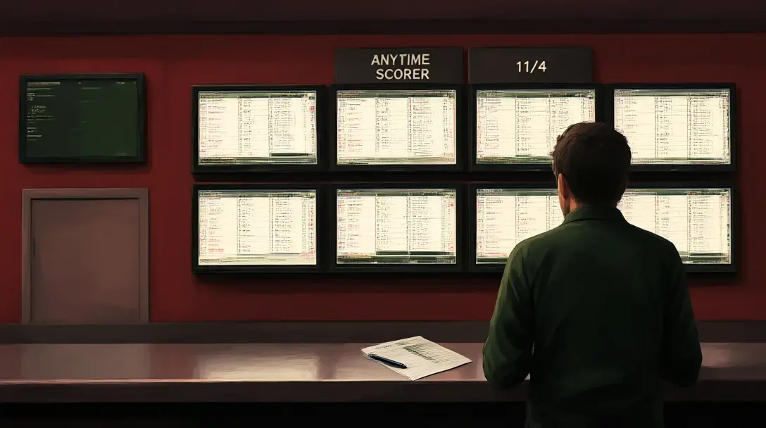 Punter seen from behind in a British betting shop reading anytime scorer odds on a wall of screens