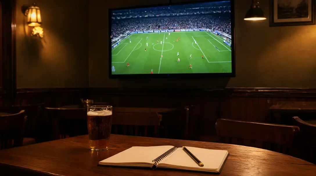 Pub table with a pint, notebook and pencil, a TV on the wall showing a floodlit football match.