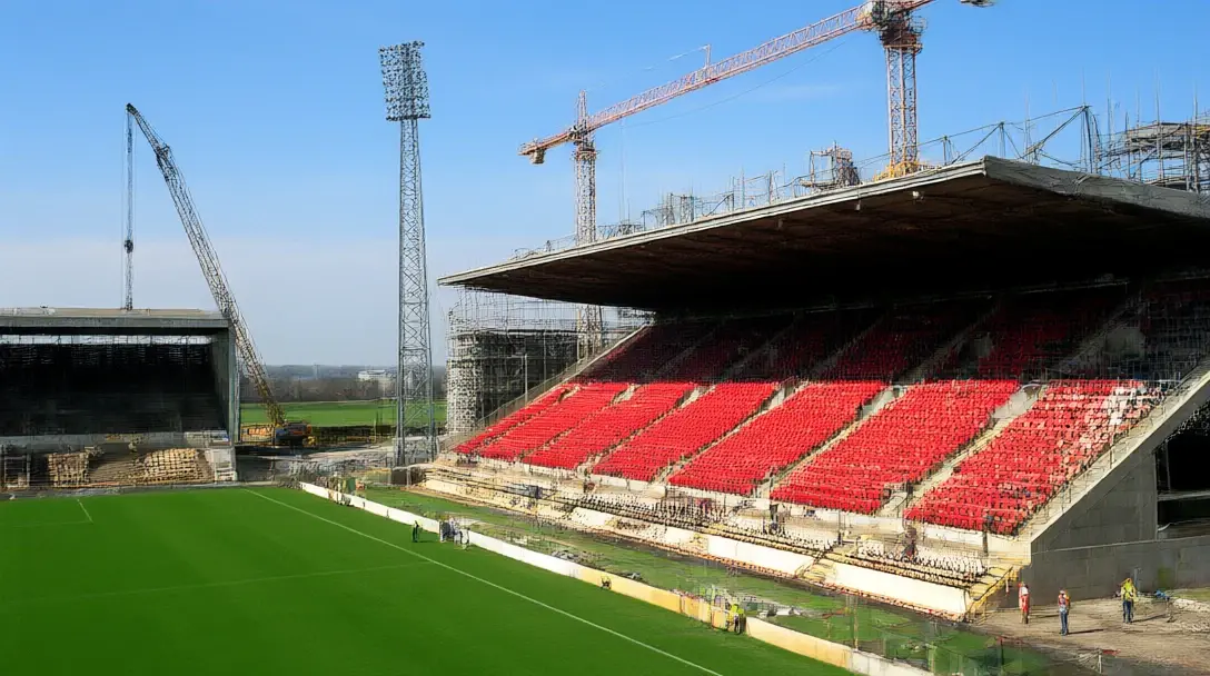 All-seater stand under construction at a British football ground with cranes and workers in hard hats