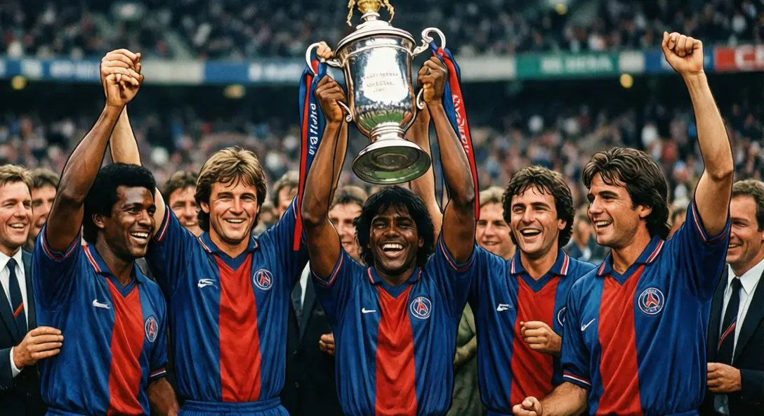 PSG players celebrating 1996 Cup Winners' Cup victory