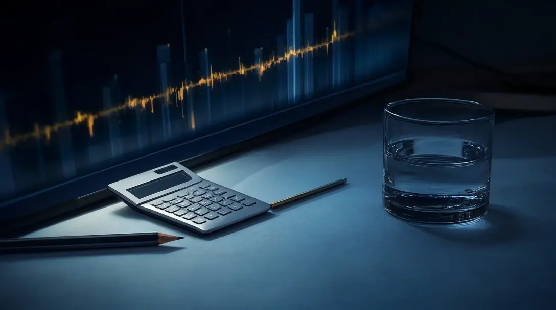 Late-night desk with a calculator, a pencil and abstract probability bars on a glowing screen