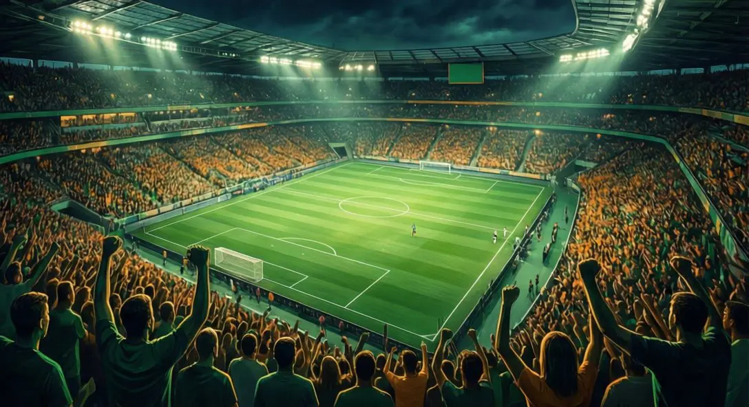Aerial view of a packed EFL stadium with fans waving green and amber scarves