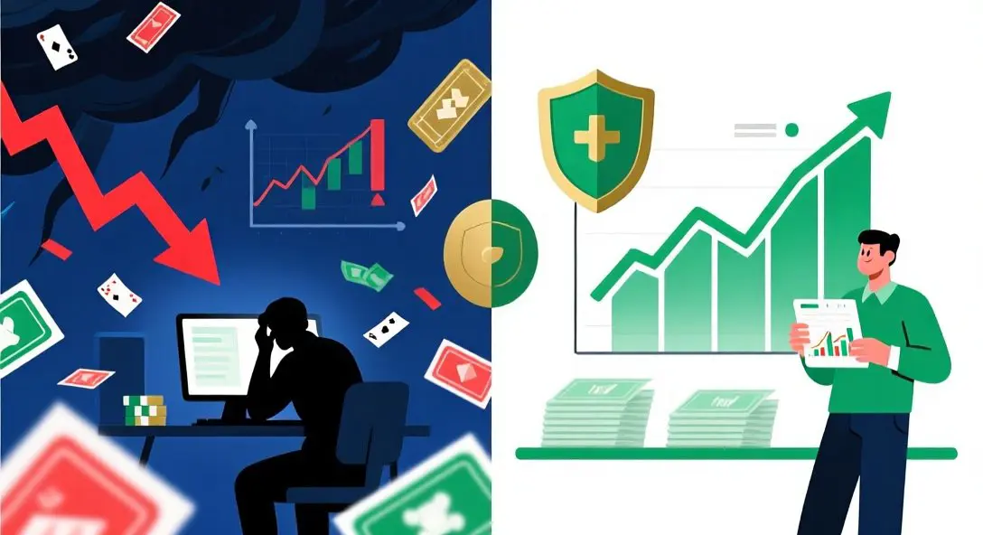 Split-screen comparison of chaotic undisciplined betting vs organized disciplined bankroll management