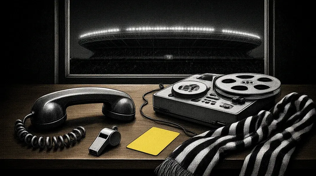 Wiretap recorder, telephone, Juventus scarf, whistle and yellow card on a desk with a Turin stadium behind