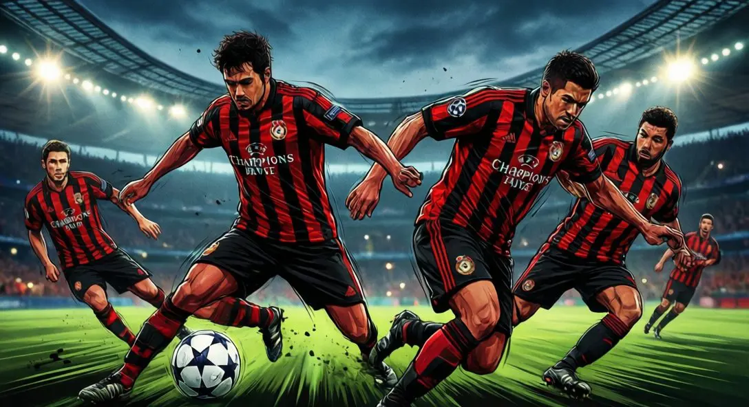 AC Milan players in red and black stripes during Champions League match