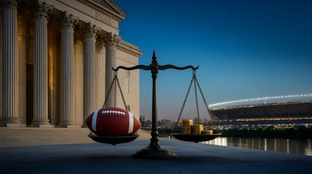 US courthouse at dusk with scales of justice holding an American football and coins