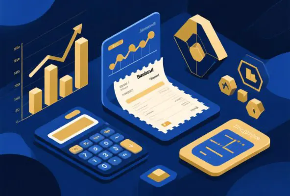 Editorial illustration of betting strategy concepts, showing bankroll management visualization, calculator interface, and abstract representation of disciplined betting approach