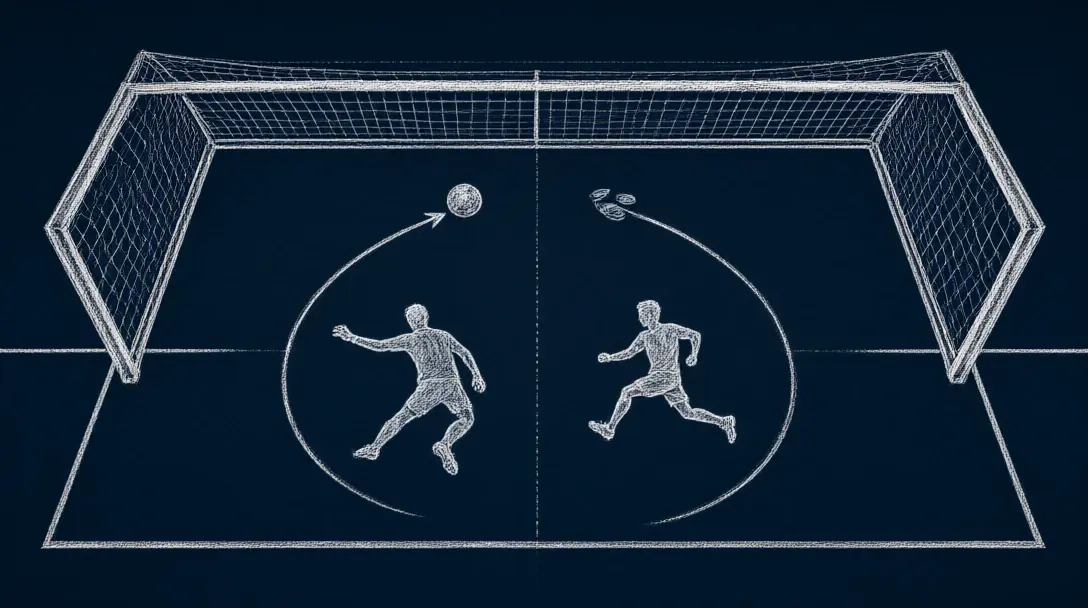 Chalk-style diagram of a penalty with the goal split in two halves, a diving keeper and a kicker's run-up