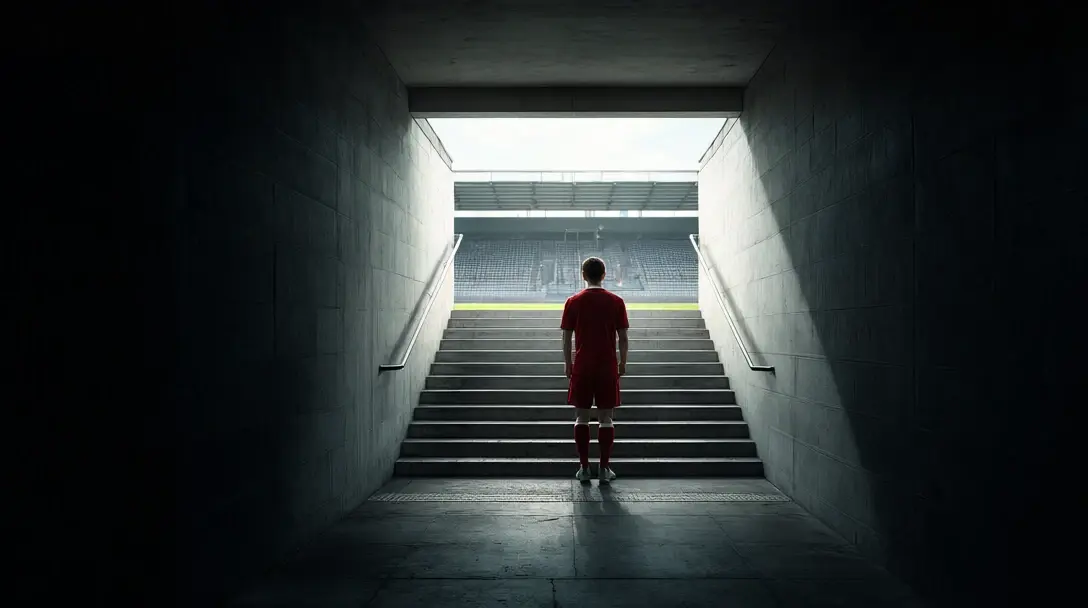 Anonymous footballer in red kit at the foot of stadium tunnel steps climbing toward daylight.