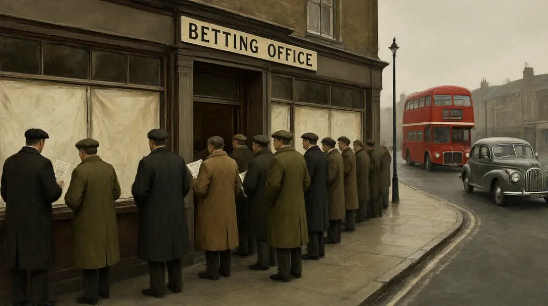 1961 British high street betting shop with papered-over windows, men in overcoats queueing and a vintage bus passing