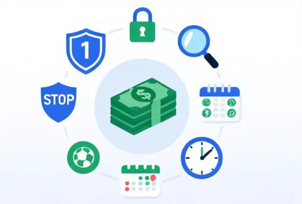Editorial illustration showing advanced bankroll protection tools. Shield with stop-loss indicators, lock icon for take-profit strategies, magnifying glass for line shopping, clock for volume management, calendar for variance by sport. Clean infographic style with icons arranged around central bankroll symbol. Sports betting education illustration, not photorealistic, digital art