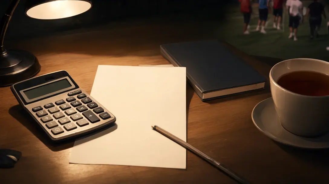 Overhead view of a wooden desk with a calculator, pencil, folded blank betting slip and notebook.