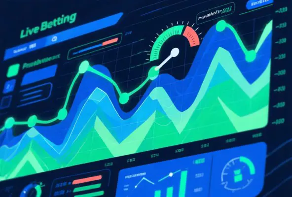 Editorial illustration of live betting technology, showing digital data visualization with odds graphs, betting interface mockup, and abstract representation of real-time algorithmic calculations