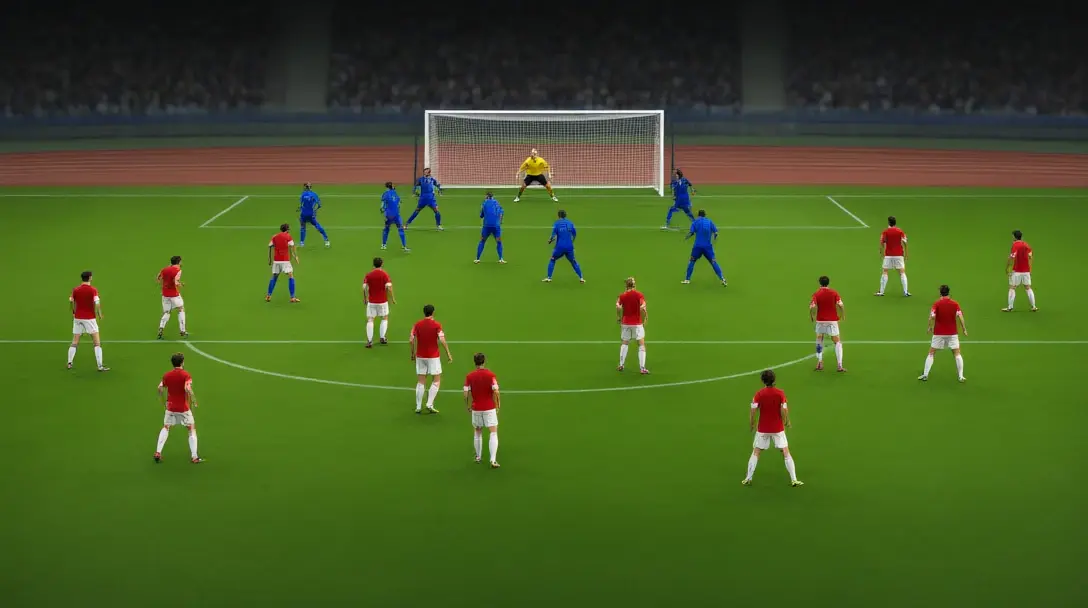 Players in red pressing a deep-defending team in blue inside the penalty area during a lopsided women's match