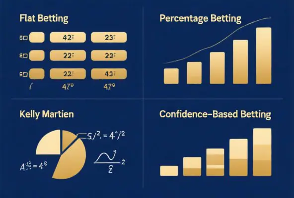 Comparison of four bankroll management strategies: Flat Betting, Percentage Betting, Kelly Criterion, and Confidence-Based Betting with visual elements representing each approach