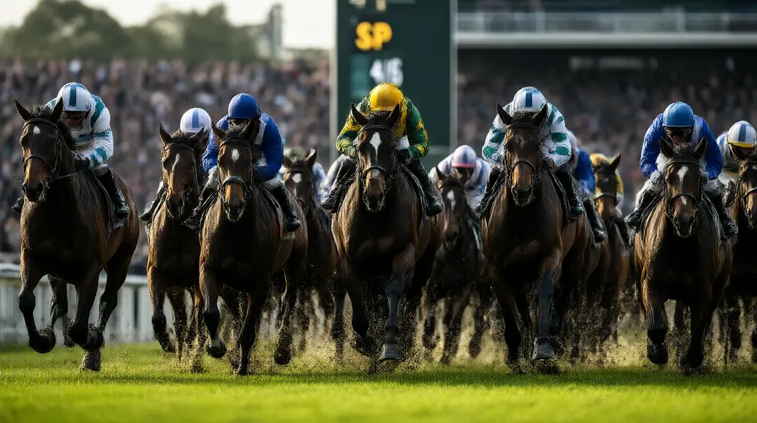 Racehorses and jockeys in silks charging to the finish at a British racecourse with a starting price board