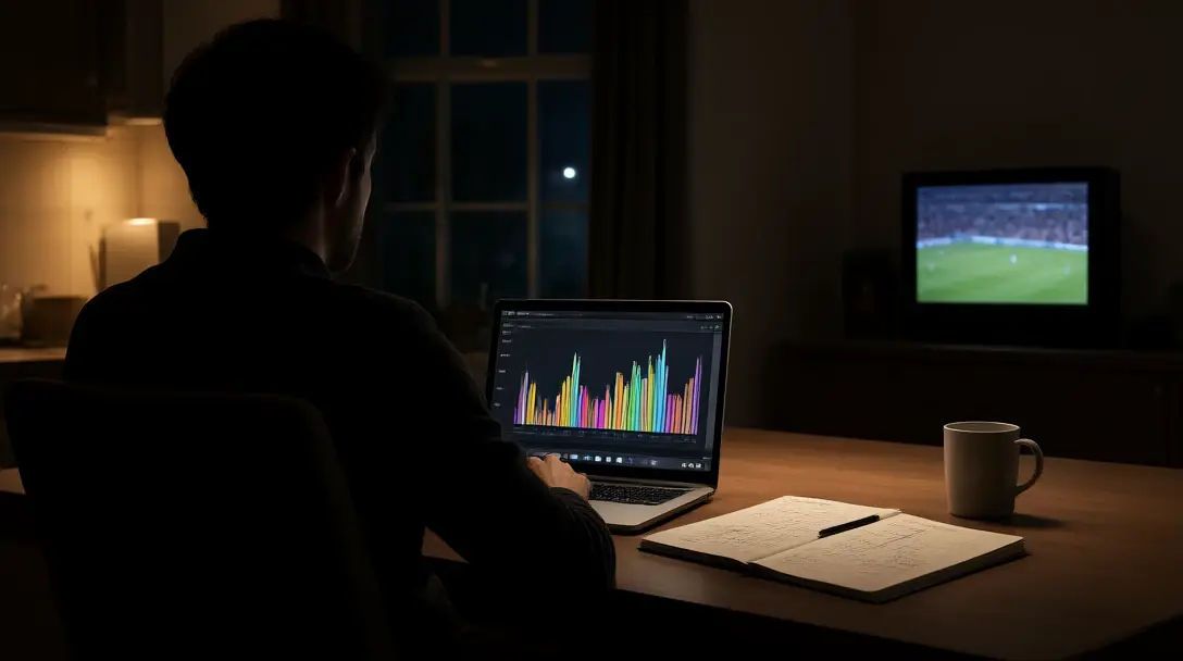 Person seen from behind at a kitchen table with a laptop chart, notebook and a football match on TV