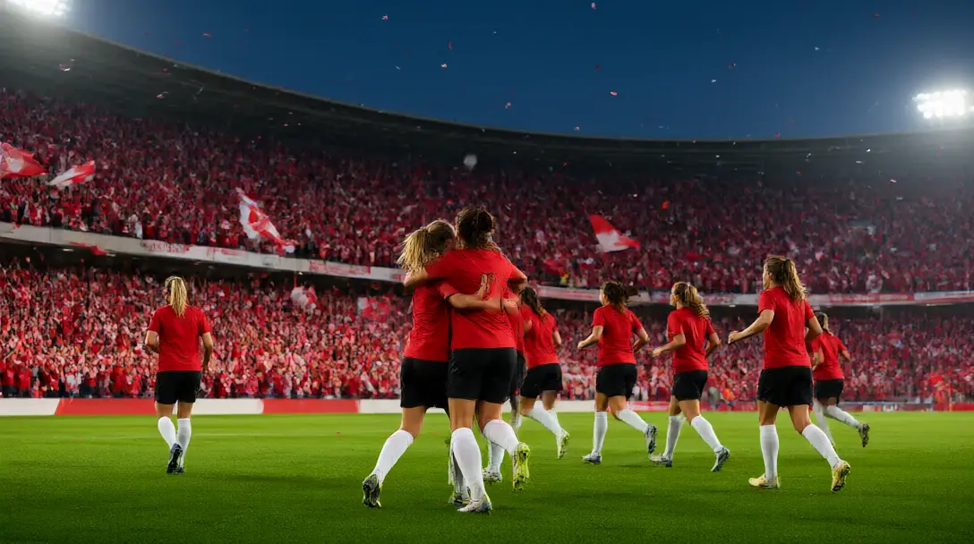 Women's footballers in red celebrating on the pitch at dusk with fans waving flags and confetti falling