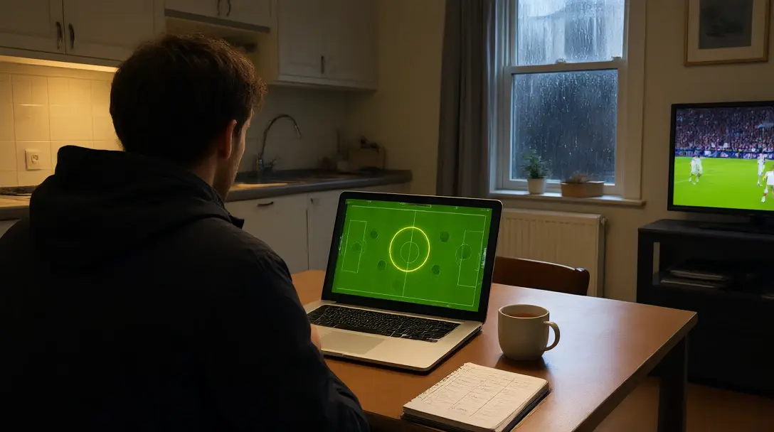 Punter seen from behind at a kitchen table studying a laptop shot map while a football match plays on TV