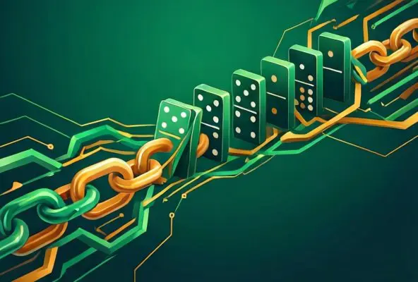 Correlation concept in betting - Editorial illustration showing connected chain elements with emerald green and golden amber colors
