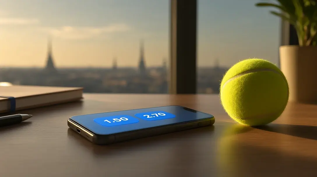Smartphone lying on a desk showing two odds buttons, 1.50 and 2.70, beside a tennis ball and notepad
