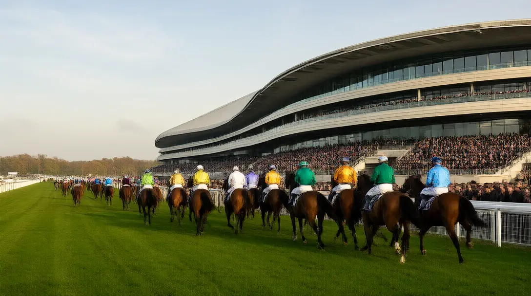 Group 1 field of racehorses and jockeys in colourful silks race up the straight at Ascot past the grandstand
