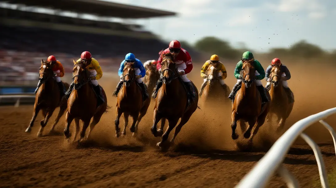Thoroughbreds and jockeys race round a bend on a dirt track with dirt kicked up behind them