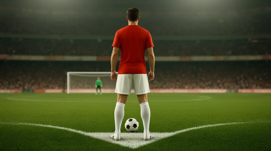 Outfield player in red seen from behind standing over the ball on the penalty spot in a floodlit stadium
