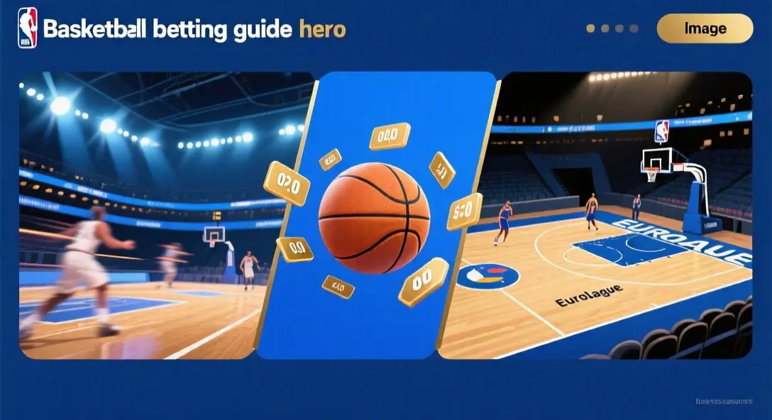 Editorial illustration of basketball betting with NBA arena and EuroLeague court, basketball with odds graphics, blue and gold color scheme