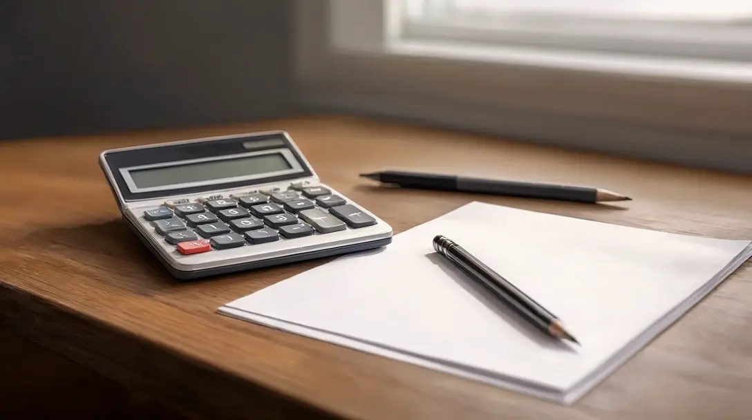 Desk with a silver calculator, pencil and blank notepad under soft window light.