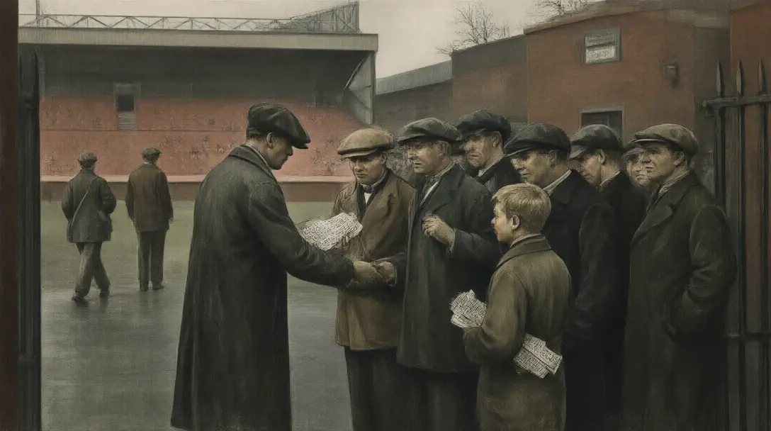 Man in a flat cap hands out football pools coupons to cloth-capped supporters outside Old Trafford in 1923