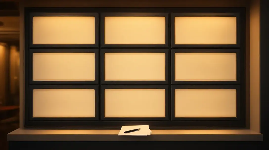 Bookmaker wall board with a three by three grid of glowing blank panels, a pen and betting slip on the ledge