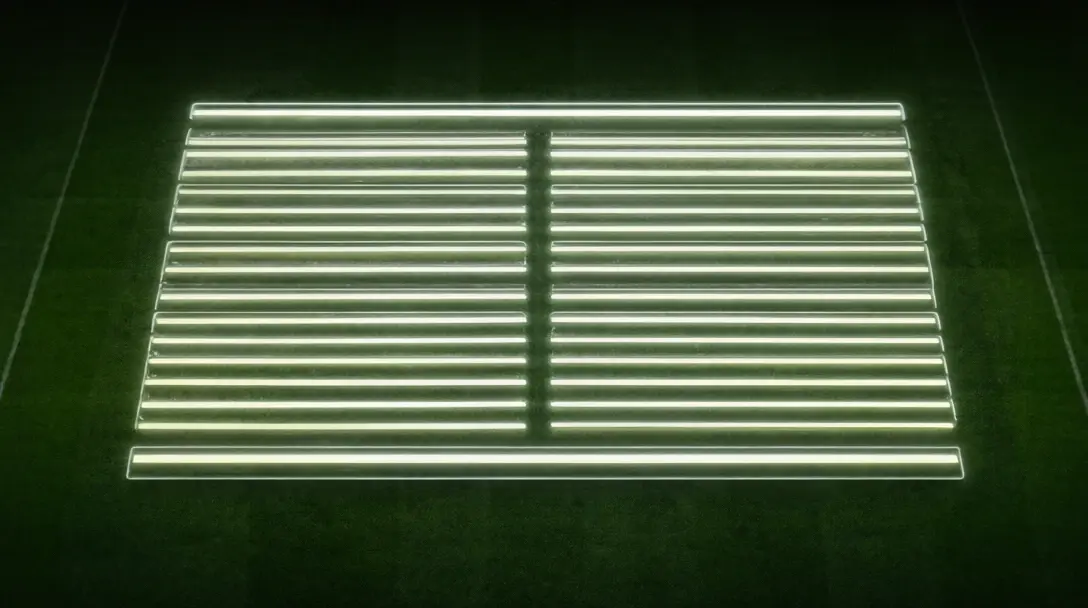 Overhead view of a dark pitch with a glowing abstract league table of 36 rows floating above it