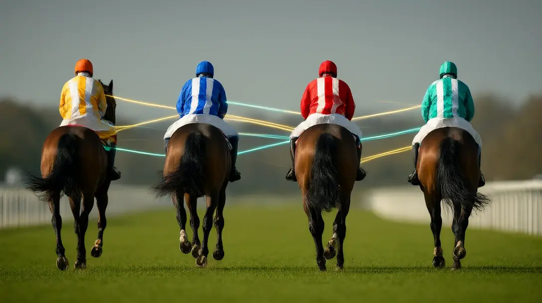 Four racehorses galloping away on a UK turf track linked by glowing lines showing bet combinations