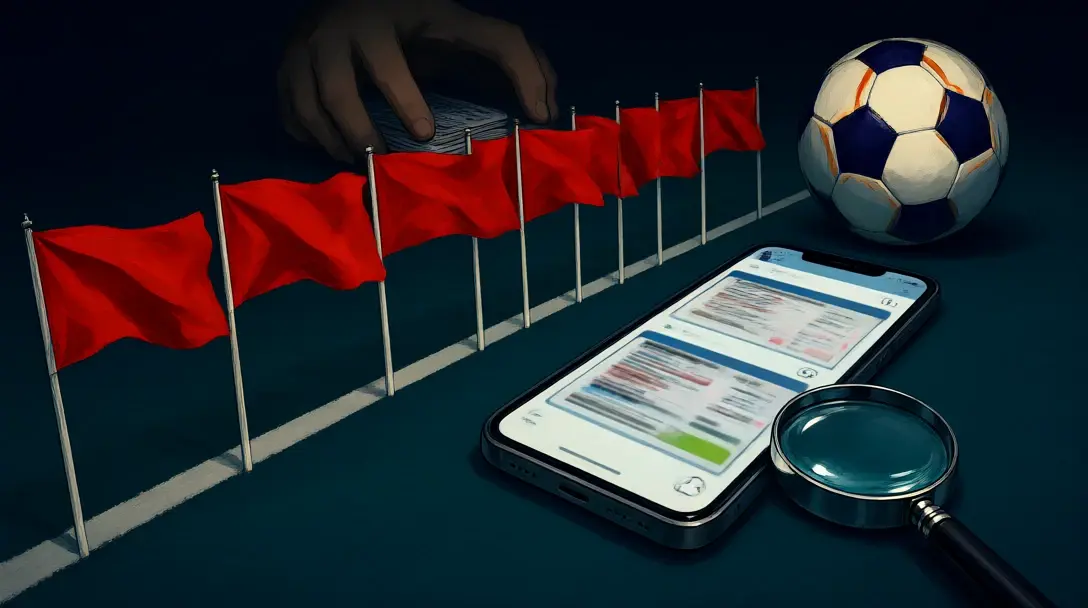 A phone showing blurred winning betting slips ringed by red flags and a magnifying glass, with a matchball nearby