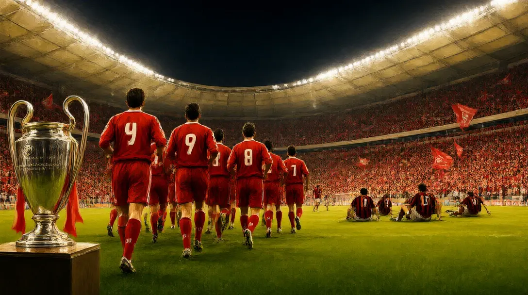 Liverpool players in red celebrating in Istanbul's stadium after the 2005 final, the European Cup gleaming nearby