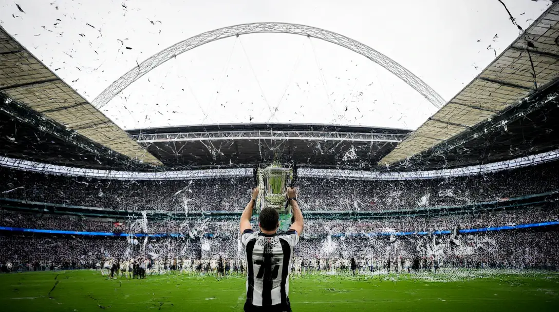 Newcastle fans and players celebrate at Wembley with the Carabao Cup as black and white confetti falls