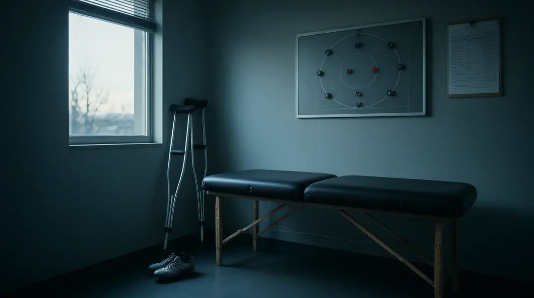 Empty football treatment room with crutches, boots and a tactics board with magnets
