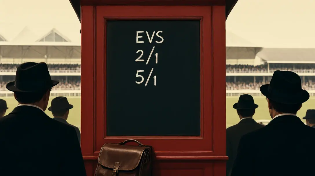 Vintage-style painting of a bookmaker's chalkboard with fractional prices at a British racecourse