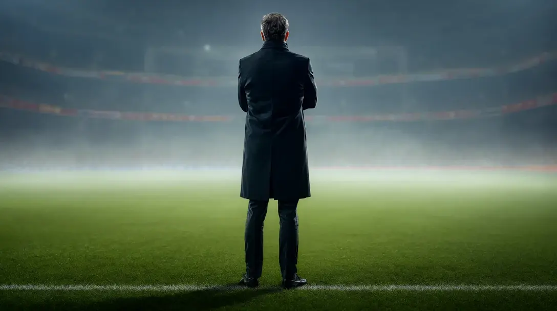 Anonymous manager seen from behind in a dark overcoat on a floodlit touchline, arms folded, facing the pitch.