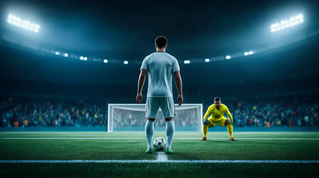 Striker seen from behind placing the ball on the penalty spot as a keeper waits on the line during a night shoot-out