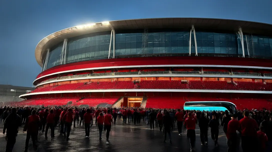 Emirates Stadium at night with Arsenal fans arriving and a sky blue away coach outside
