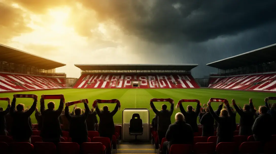Stadium of Light with red and white fans from behind, half the sky sunny and half stormy, an empty dugout seat in front