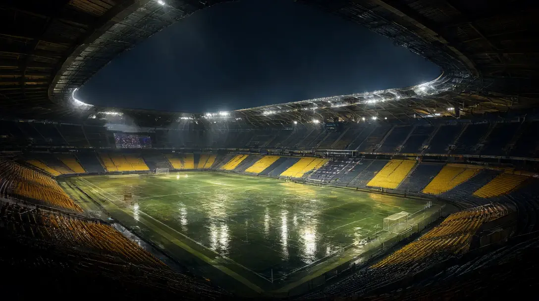 Large floodlit stadium on a cold autumn night, rain-slick pitch reflecting lights, stands empty.