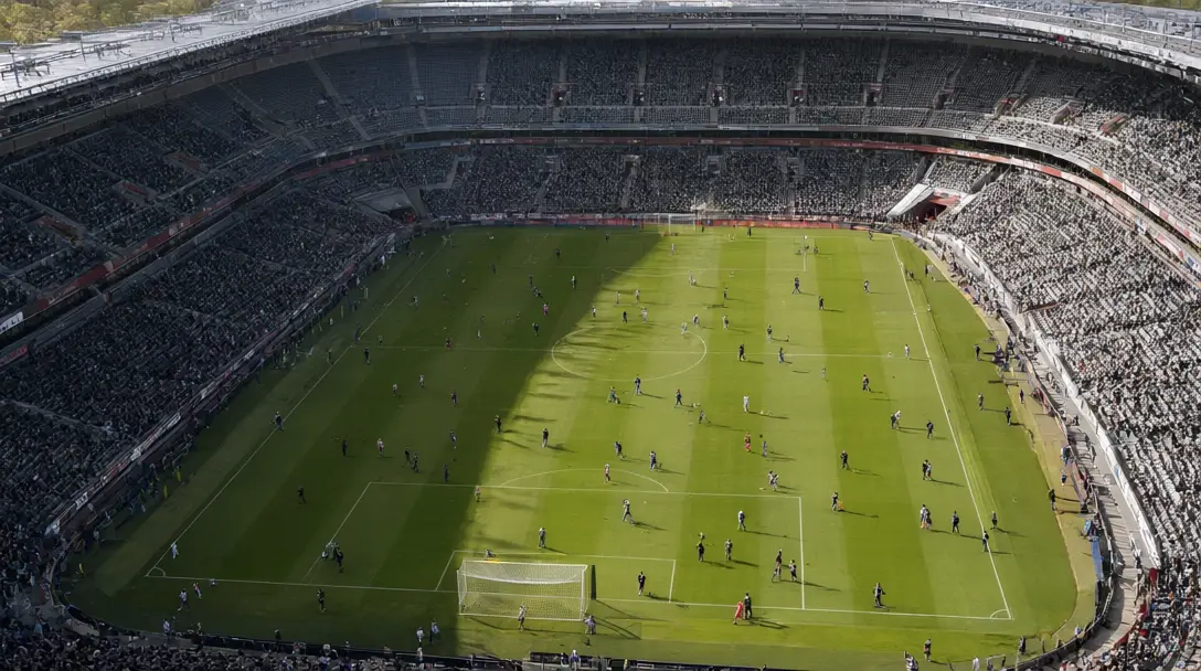 Aerial view of a packed English stadium on an autumn afternoon with crisp pitch markings and long shadows.