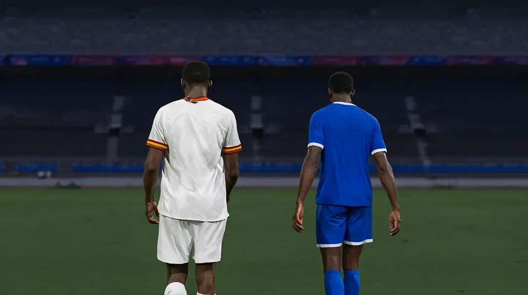 Two footballers seen from behind walking across a pitch, one in white with red and yellow collar, one in blue, empty stand