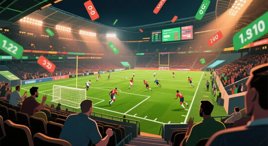 Editorial illustration showing the excitement of live football betting with stadium action and digital overlay elements