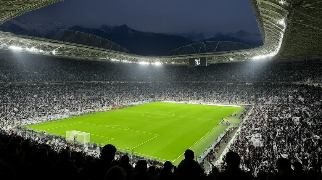 Packed Allianz Stadium in Turin at night, stands full of supporters in black and white under floodlights