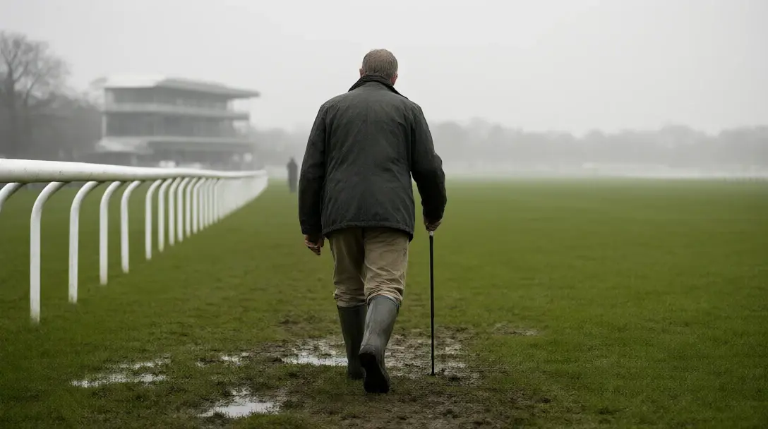 Clerk of the course seen from behind pushes a GoingStick into wet turf on a misty British racecourse at dawn