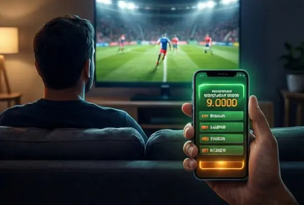 Bettor checking odds on phone in front of TV